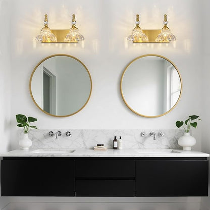 Vintage Bathroom Vanity Light, 2-Light Gold Vanity Lighting Fixture with Flower Glass Shade, Bathroom Lighting Fixtures Over Mirror