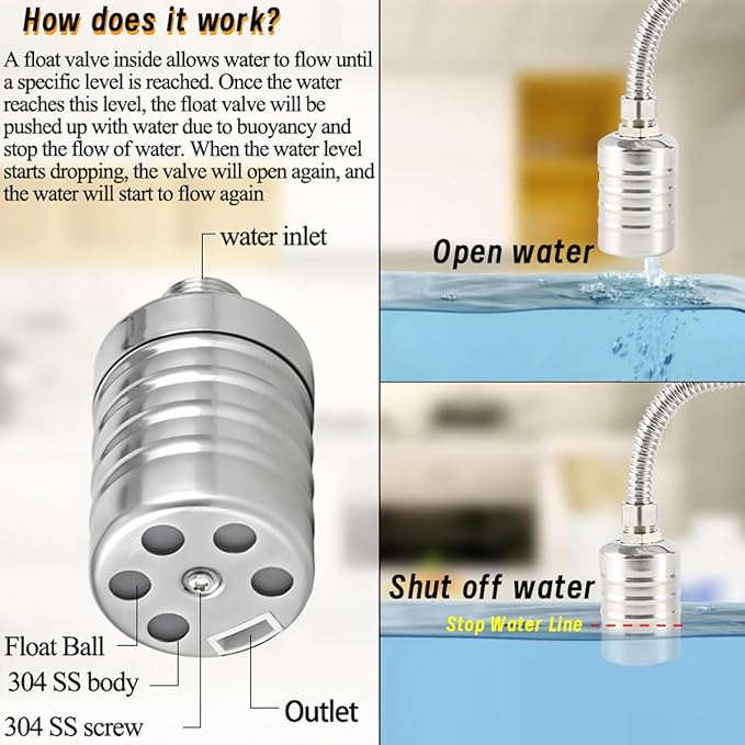 Float Valve, 1/2" to 3/4" 1" 304 Stainless Steel Fully Automatic Water Level Controller, Automatic Water Level Control Float Valve for Water Tank, Livestock Troughs, Pool, Distiller