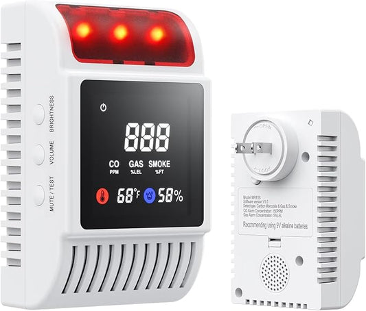 6-in-1 Smoke and Carbon Monoxide Detectors Plug in, Gas Leak Detector with Battery Backup Slot, Adjustable Brightness & Volume Levels, Smoke Alarm with Temp/Humidity for Home, RV, Travel(MR818,1-Pack)
