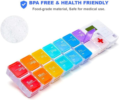 7 Day Medicine Pill Organizer, 4 Reminder Alarms, Loud Sound, 14 Large Compartments, Large Screen, Moisture-Proof, Travel Weekly/Daily Pill Box/Organizer/Case/Container/Dispenser, AM/PM 2 Times a Day