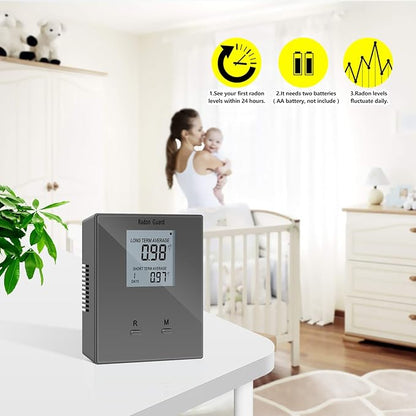 Home Radon Detector, Portable Radon Meter, Long and Short Term Home Radon Monitor, Battery-Powered, Prevent Excessive Radon Levels, Keep Your Health, Gray, Grey, BG-005