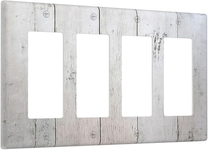 Rustic White Grey Wood Grain Wallplates 4 Gang Quad Rocker Decorative Light Switch Covers Electrical GFCI Faceplate Switch Plate for Bedroom Bathroom Decor