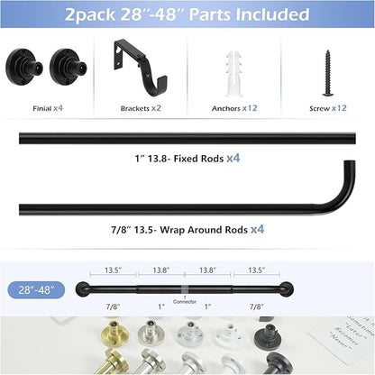 Black Wrap Around Curtain Rods 2Pack:Blackout Heavy duty Adjustable Window Curtain Rod for Bedroom,Industrial Darkening Curved French Metal Single Drapery Rods Easy Install,Matte Black 28-48"