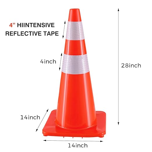 Traffic Safety Cones 28 Inch 6 Pack - Orange Road Parking Cones with Reflective Collars, Heavy Duty PVC Construction Cone Structurally Stable for Road Parking, Traffic Control, Driveway
