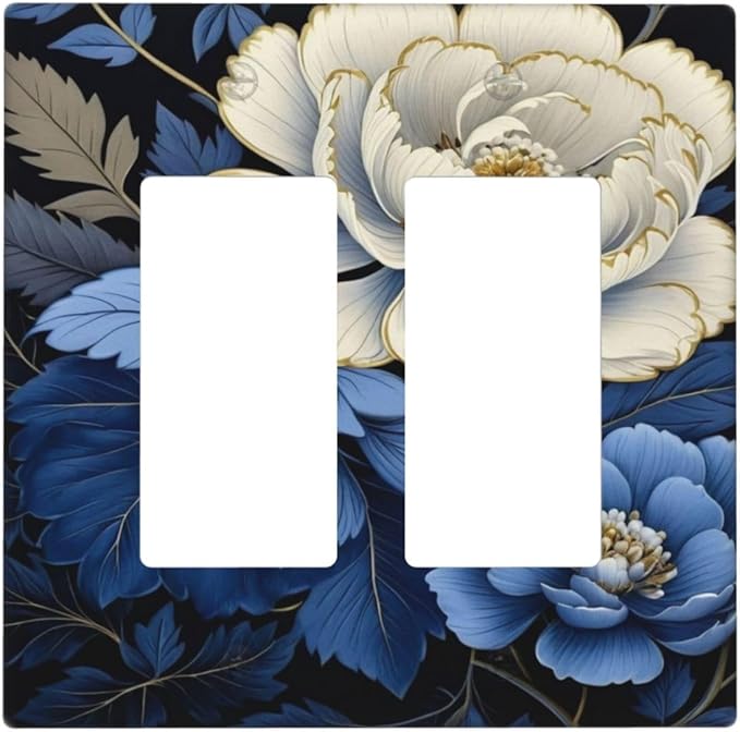 Blue White Flowers Dual Outlet Covers Wall Plate 2 Gang Rocker Decora Decorative Switchplate Electrical Faceplate GFCI Light Switch Covers for Farmhouse Living Decor