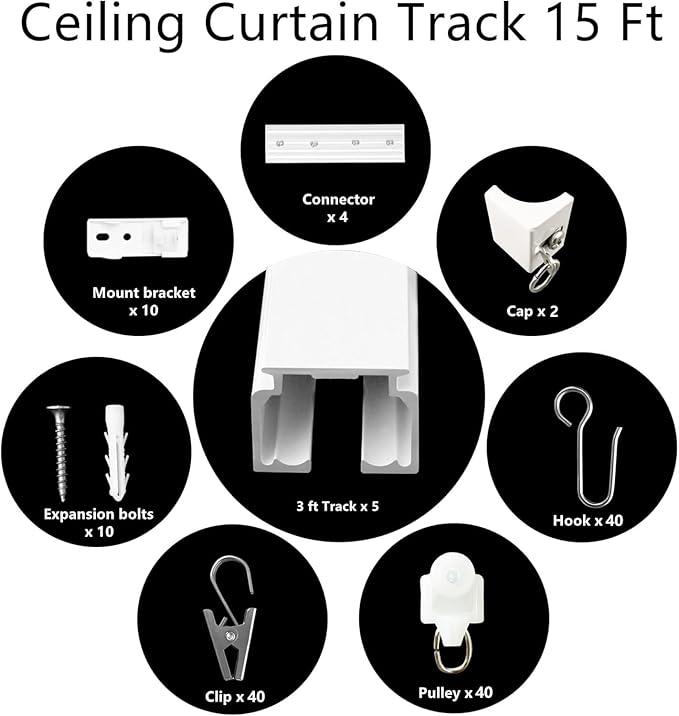 Ceiling Mount Curtains Track Room Divider Privacy Partition Separator Curtain Tracks Rods Heavy Duty RV Shower Outdoor Rail Clip Hook Set, White 3-15ft
