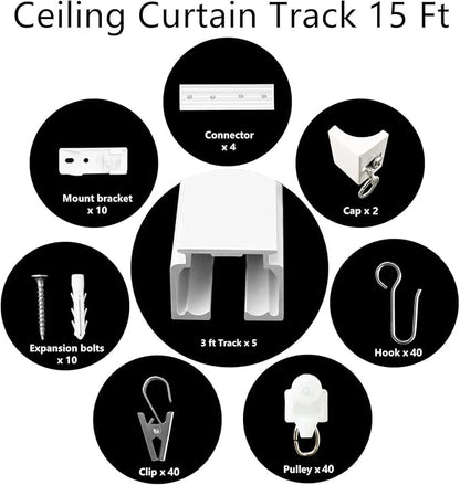 Ceiling Mount Curtains Track Room Divider Privacy Partition Separator Curtain Tracks Rods Heavy Duty RV Shower Outdoor Rail Clip Hook Set, White 3-15ft