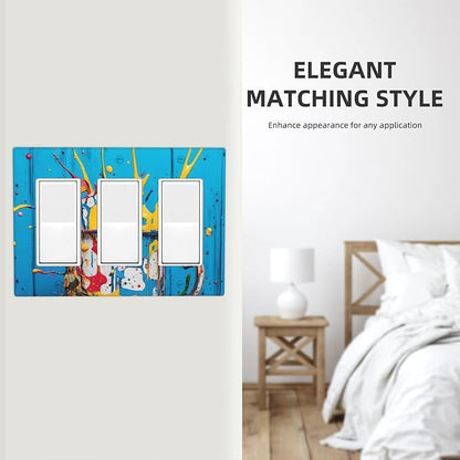 Decorative Outlet Covers Colorful Paint Splatters Blue Wood Plank 3 Gang Wall Plate Triple Rocker Light Switch Cover Plate Jumbo Electrical GFCI Faceplate for Bedroom Decor