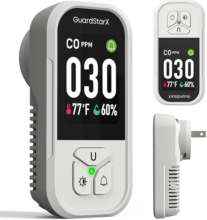 X-100D 3-in-1 Carbon Monoxide Detectors Plug in, 180°Rotating Display, Portable Carbon Monoxide Detector for Travel, CO Detector with Triple Alerts, Early Warning for Home, RV, Hotel - White