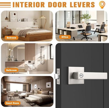 Probrico Interior Brushed Nickel Door Handle, Heavy Duty, Flat Square Privacy Door Handles, Keyless Door Levers Lockset for Bedroom and Bathroom (1 Pack, Modern)