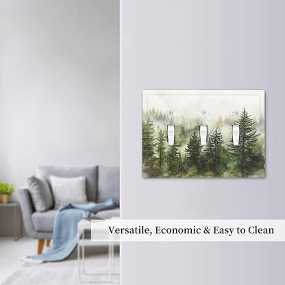 Decorative Switch Plates Green Forest Watercolor Painting Foggy Pine 3 Gang Wall Plate Triple Toggle Light Switch Cover Faceplate Electrical Wall Panels for Bedroom living Room Decor