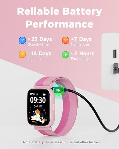 BIGGERFIVE Smart Watch for Kids, 1.8" Fitness Tracker Watch Pedometer, Heart Rate, IP68 Waterproof, Sleep Monitor, Calorie Step Counter, 5 Puzzle Games with/Without APP for Girls Teens 5-16, Nylon