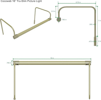 Cocoweb 16 Inch Tru-Slim Antique Brass Picture Light - LED, 2700K, Adjustable Arm, Plug-in, Toggle Switch, Sleek and Compact Design