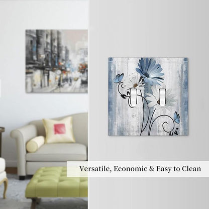 Decorative Light Switch Cover Plate Rustic Blue White Daisy Ink Flower 2 Gang Outlet Covers Double Toggle Wall Plates for Electrical Outlets Switch Plate Covers for Bedroom Home Decor