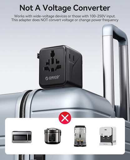 ORICO Universal Travel Adapter with 2 AC 2 USB-C and 1 USB-A Socket, PD 20W International Power Adapter, Worldwide Travel Essentials Wall Charger for USA EU UK AUS JP and Over 200 Countries