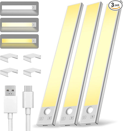 Under Cabinet Lighting 8 inch Rechargeable Battery Operated Motion Sensor Light Wireless Under Counter Lights for Kitchen, Stairs,Hallway (3 Pack)