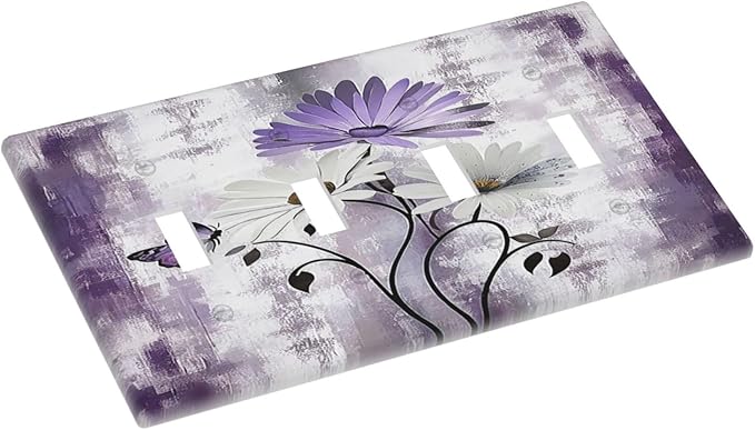Light Switch Cover Plate Purple Daisy White Floral Butterfly Flowers Quad Toggle Wall Plates Decorative Switch Plates 4 Gang Outlet Covers Electrical Panel Cover Faceplate for Home Decor 4.5 X 8 IN