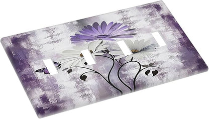 Light Switch Cover Plate Purple Daisy White Floral Butterfly Flowers Quad Toggle Wall Plates Decorative Switch Plates 4 Gang Outlet Covers Electrical Panel Cover Faceplate for Home Decor 4.5 X 8 IN