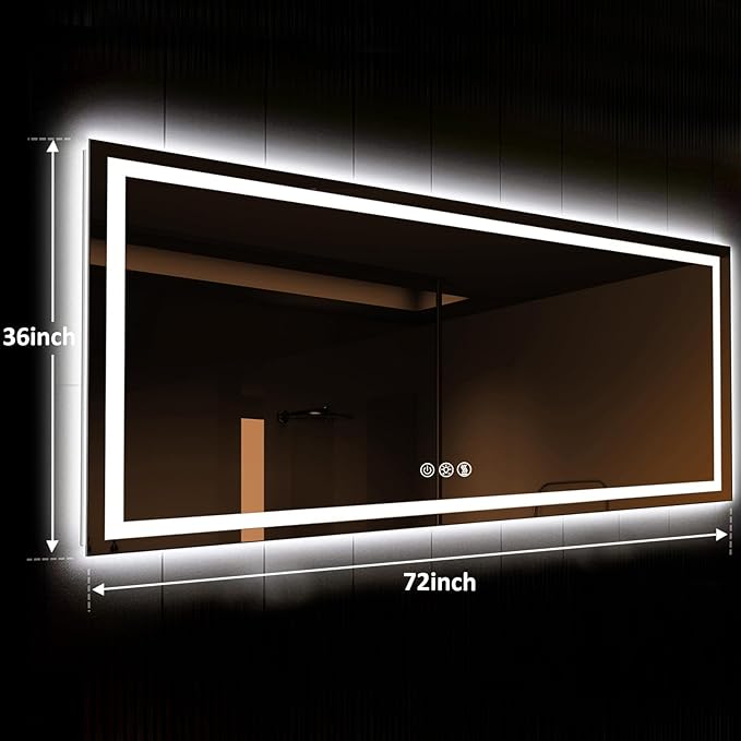 ROOMTEC 72x36 LED Bathroom Mirror with Front and Backlit，Smart Dimmable Vanity Mirrors for Wall,Anti-Fog Backlit Lighted Makeup Mirror