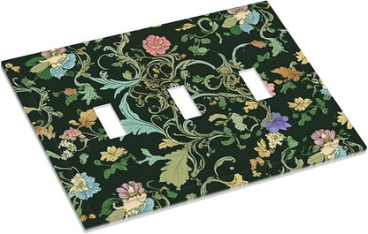 Decorative Light Switch Cover Plate Vintage Green Leaf Plant Rustic Pink Flower 3 Gang Wall Plate Oversized Triple Toggle Switch Cover Plate Jumbo Faceplate for Home Decor