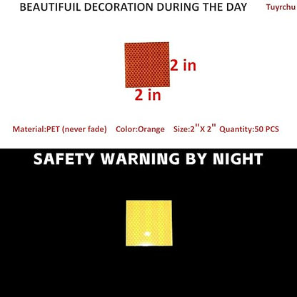 Non Fading Orange Reflective Stickers 2 inch X 2 inch, Outdoor Waterproof High Visibility Warning Safety Adhesive Reflector Tape (50 Pcs)