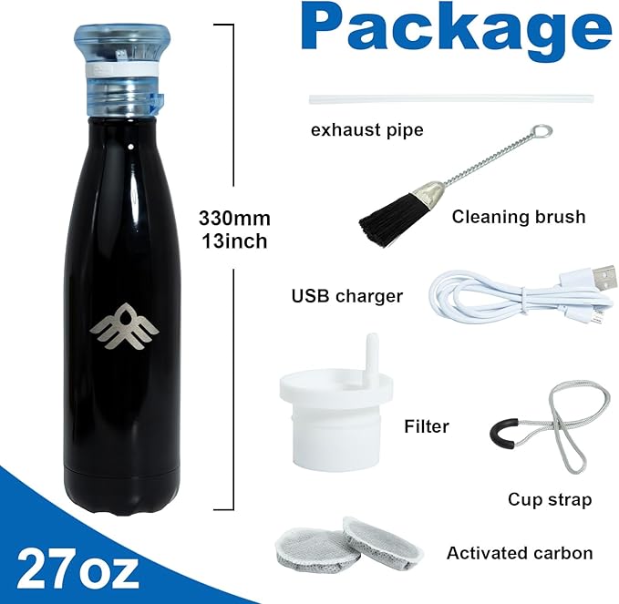 27 oz Smart Self Cleaning Water Large Bottle Onyx 304 Stainless Steel Insulated Light Purifying Bottle LED + Activated-Carbon Filter USB-C Rechargeable BPA-Free for Outdoor & Sports