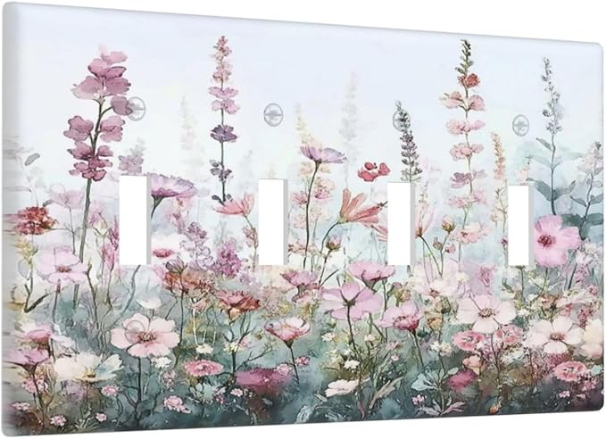 Pink Floral Watercolor Botanical Wildflowers Light Switch Covers Quad Toggle Electrical Faceplate 4 Gang Wall Plate Decorative Switch Plates For Bed Room Living Room Decor