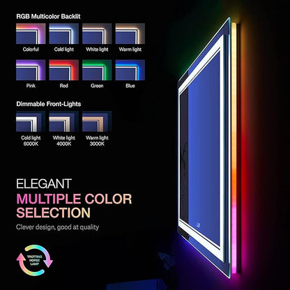 48 x 36 Inch RGB LED Mirror for Bathroom, RGB Backlit and Front Lighted Bathroom Mirror, Large Dimmable Vanity Mirror with Lights,Anti-Fog, Memory,ETL Listed, Wall Mounted