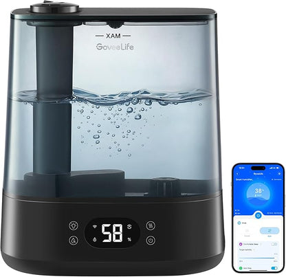 GoveeLife Smart Humidifiers for Bedroom, 6L Cool Mist Top Fill for Large Room, Humidity Sensor, Auto Mode, 60H Quiet Runtime, Schedule, WiFi Humidifier for Baby Plant, Compatible with Alexa, Black