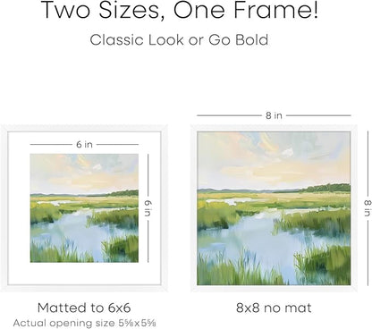 Homeforia 8x8 White Picture Frame, High End Metal 8 x 8 Square Photo Frames with Mat 6 by 6, 8x8 Poster Frame Matted to 6x6 inch Print, 8by8 Wall or Tabletop Frames, Tempered Glass, Wall Kit, Set of 1