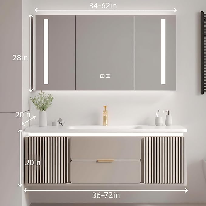 Modern Bathroom Vanity with Sink - Wall Mounted Vanity Cabinet with High-Definition Smart Storage Mirror, Time Display & LED Lights, Defogging | Bathroom Sink Cabinet (Mirror, 64in)