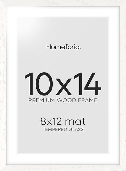 Homeforia White Frame 10x14 Wood, High End Oak 10x14 Picture Frames with Mat 8x12, 10 x 14 White Wooden Poster Frame Matted to 8 x 12 inch Photo, 14by10 Thin Frames, Tempered Glass, Wall Kit, Set of 1