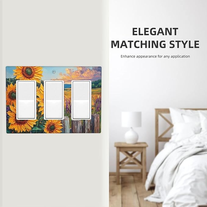 Decorative Outlet Covers Rustic Wilderness Sunflower Lavender Muzha Oil Painting 3 Gang Wall Plate Triple Rocker Light Switch Cover Plate Jumbo Electrical GFCI Faceplate