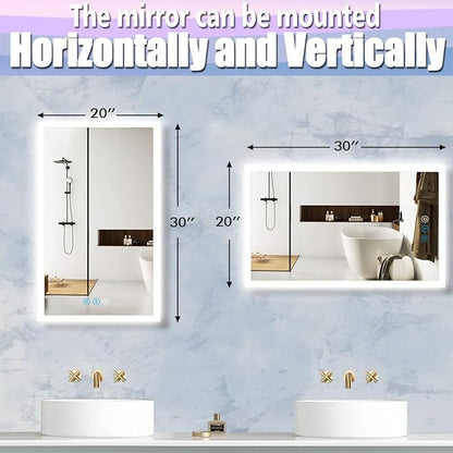 30 x 20 Inch LED Vanity Mirror with Backlits Anti-Fog 3 Color Dimmable Backlit Lighted Mirror for Bathroom Wall Horizontal Vertical Mounted 30" Frameless Smart Light up LED Bathroom Mirrors