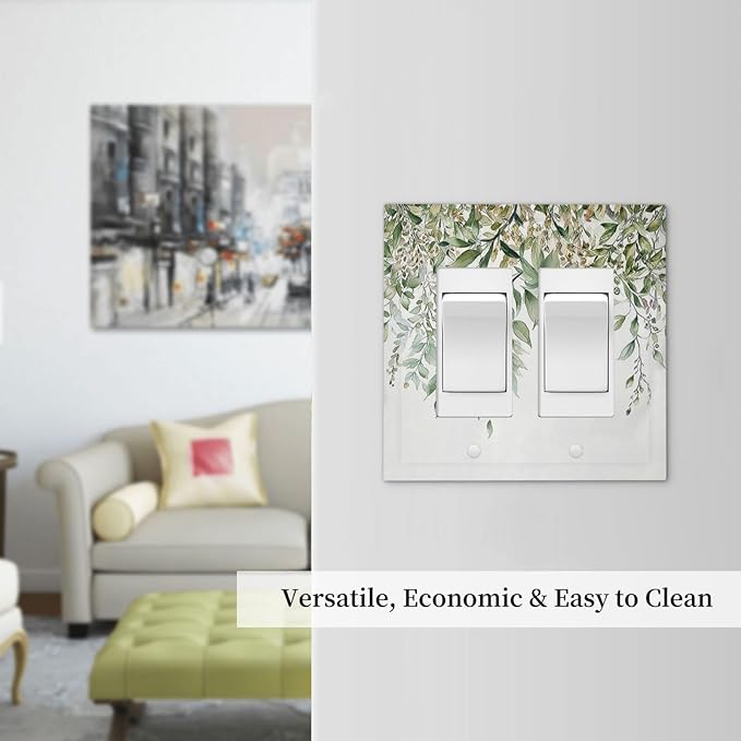 Decorative Outlet Covers Sage Green Eucalyptus Watercolor Plant Leaves 2 Gang Double GFCI Rocker Electrical Wall Panels Light Switch Cover Plate for Bedroom Bathroom Decor