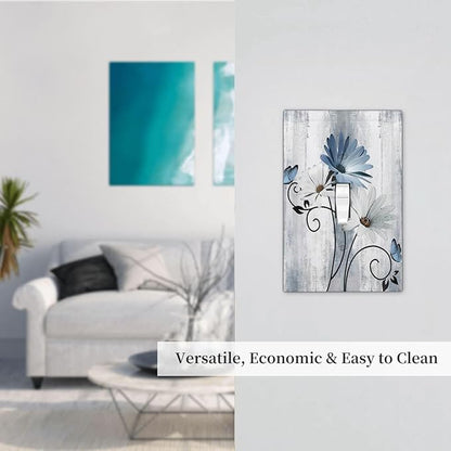 Decorative Light Switch Cover Plate Rustic Blue White Daisy Ink Flower 1 Gang Single Toggle Wall Plates for Electrical Outlets Outlet Covers Switch Plate Covers for Bedroom Home Decor