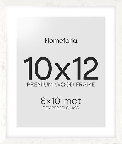 Homeforia White Frame 10x12 Wood, High End Oak 10x12 Picture Frames with Mat 8x10, 10 x 12 White Wooden Poster Frame Matted to 8 x 10 inch Photo, 12by10 Thin Frames, Tempered Glass, Wall Kit, Set of 1