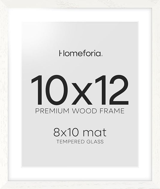 Homeforia White Frame 10x12 Wood, High End Oak 10x12 Picture Frames with Mat 8x10, 10 x 12 White Wooden Poster Frame Matted to 8 x 10 inch Photo, 12by10 Thin Frames, Tempered Glass, Wall Kit, Set of 1