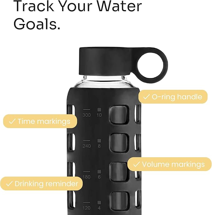 purifyou 40oz / 32oz / 22oz / 12oz Borosilicate Glass Water Bottle with Time & Volume Markers, Silicone Sleeve, Stainless Steel Lid | Reusable Glass Bottle for Water & Juice (12oz JetBlack)