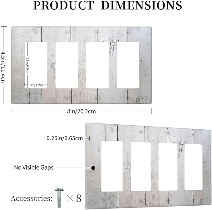 Rustic White Grey Wood Grain Wallplates 4 Gang Quad Rocker Decorative Light Switch Covers Electrical GFCI Faceplate Switch Plate for Bedroom Bathroom Decor