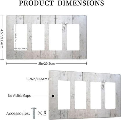 Rustic White Grey Wood Grain Wallplates 4 Gang Quad Rocker Decorative Light Switch Covers Electrical GFCI Faceplate Switch Plate for Bedroom Bathroom Decor