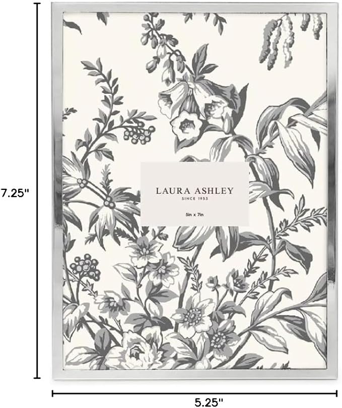 Laura Ashley 5x7 Silver Flat Metal Picture Frame (Vertical & Horizontal) w/Two-Way Easel Stand, Black Velvet Backing, Wall-Mountable, Made for Tabletop, Desk, Wall Display, Home Décor (5x7, Silver)