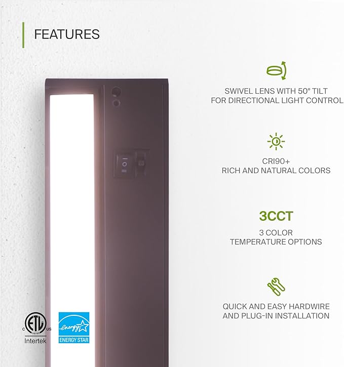 ASD Swivel LED Under Cabinet Lighting Bronze, 24 Inch 12W, Hardwired or Plug-in, 2700K/3000K/4000K, Hi/Low Switch, Rotatable Lens, Dimmable Linkable Under Counter Light for Kitchen, ETL & Energy Star