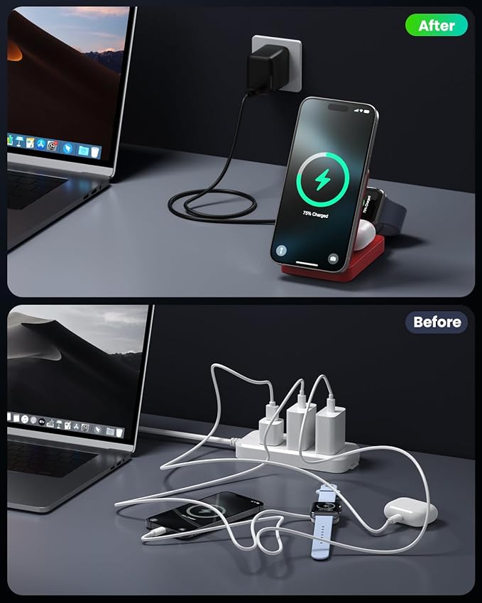 3-in-1 Wireless Charger Charging Station for iPhone, 15W Fast Charging Foldable Magnetic Charger Stand with 30W USB C Adapter for MagSafe iPhone 16/15/14/13/12, Apple Watch, AirPods