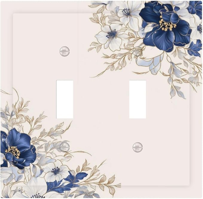 Decorative Light Switch Cover Plate Rustic Blue White Flowers Floral Penoy 2 Gang Wall Plate Oversized Double Toggle Two Switch Wall Cover Plate Dual Device Face Plate