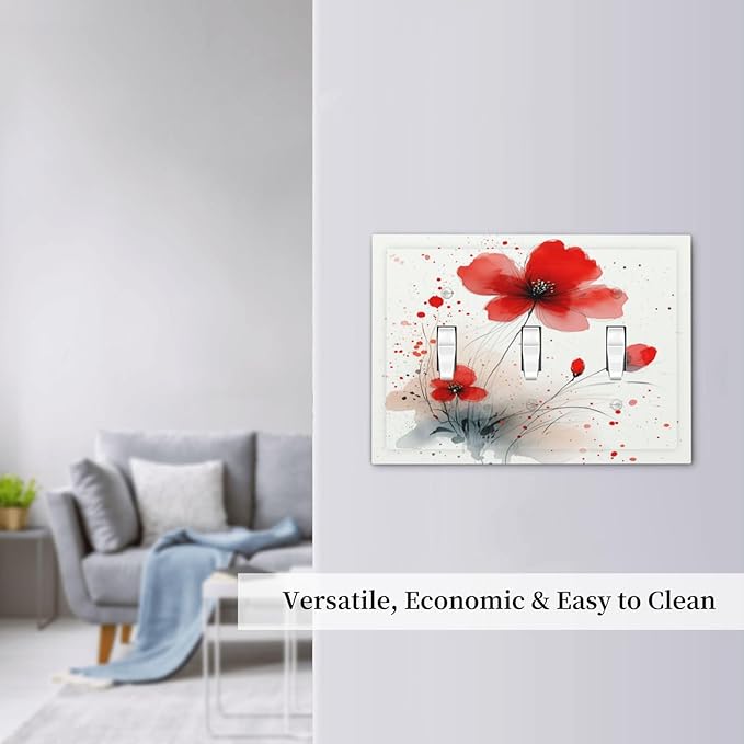 Vintage Watercolor Red Flowers Floral Decorative Switch Plates 3 Gang Wall Plate Triple Toggle Light Switch Cover Electrical Wall Panels Faceplate for Bedroom Bathroom Decor