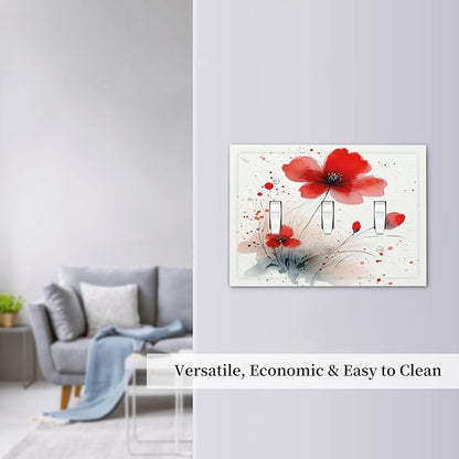 Vintage Watercolor Red Flowers Floral Decorative Switch Plates 3 Gang Wall Plate Triple Toggle Light Switch Cover Electrical Wall Panels Faceplate for Bedroom Bathroom Decor