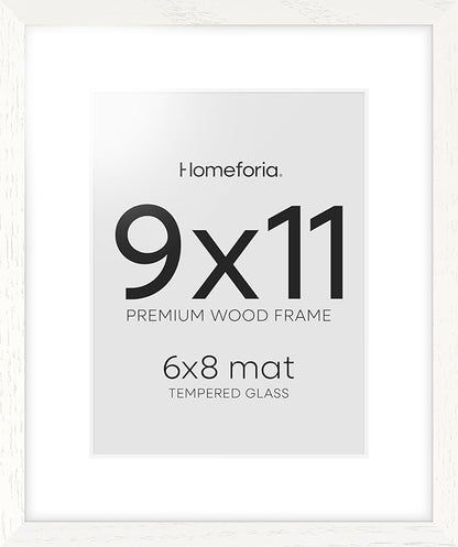 Homeforia 9x11 Frame White Wood, High End Oak 9 x 11 Picture Frames with Mat 6 by 8 Print, 9by11 White Wooden Frame Matted to 6x8 inch Photo, Wall or Tabletop Frames, Tempered Glass, Wall Kit, Set of 1