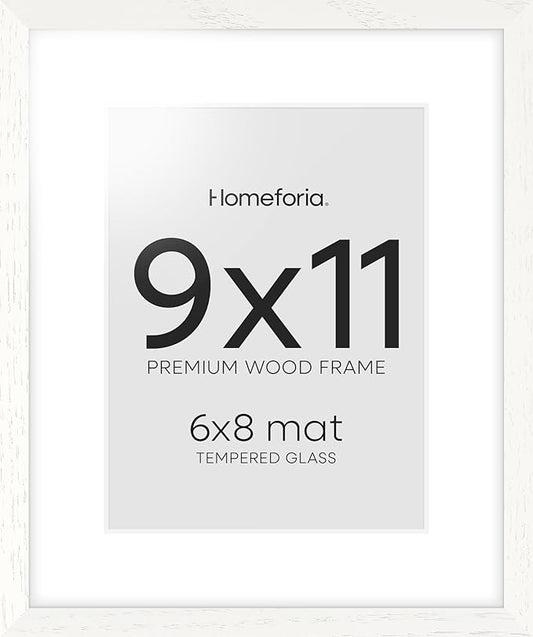 Homeforia 9x11 Frame White Wood, High End Oak 9 x 11 Picture Frames with Mat 6 by 8 Print, 9by11 White Wooden Frame Matted to 6x8 inch Photo, Wall or Tabletop Frames, Tempered Glass, Wall Kit, Set of 1