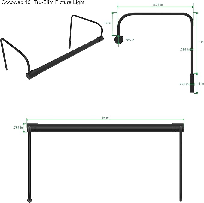 Cocoweb 16 Inch Tru-Slim Black Picture Light - LED, 2700K, Adjustable Arm, Plug-in, Toggle Switch, Sleek and Compact Design